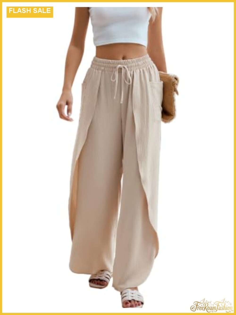 Women's Flowy Wide Leg Palazzo Pant with Side Split and Pockets